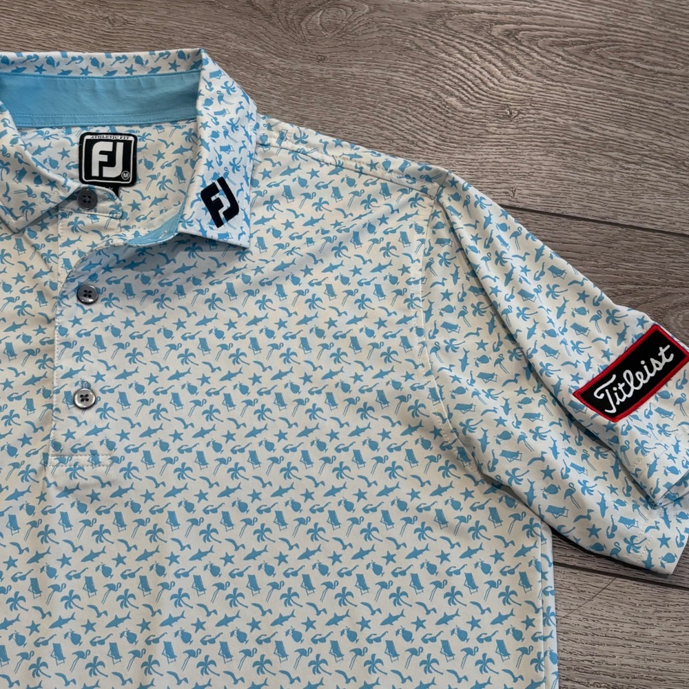 FootJoy Golf Polo Tour Issued Mens Medium Blue Tropical Palm Flamingo Titleist